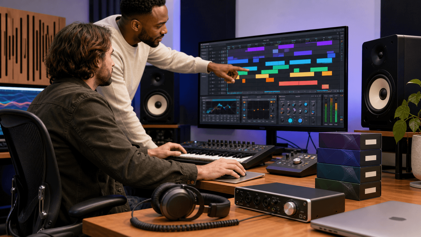 Laptop DAW screen with colorful plugin windows and track meters, headphones beside a mixer on a dark desk
