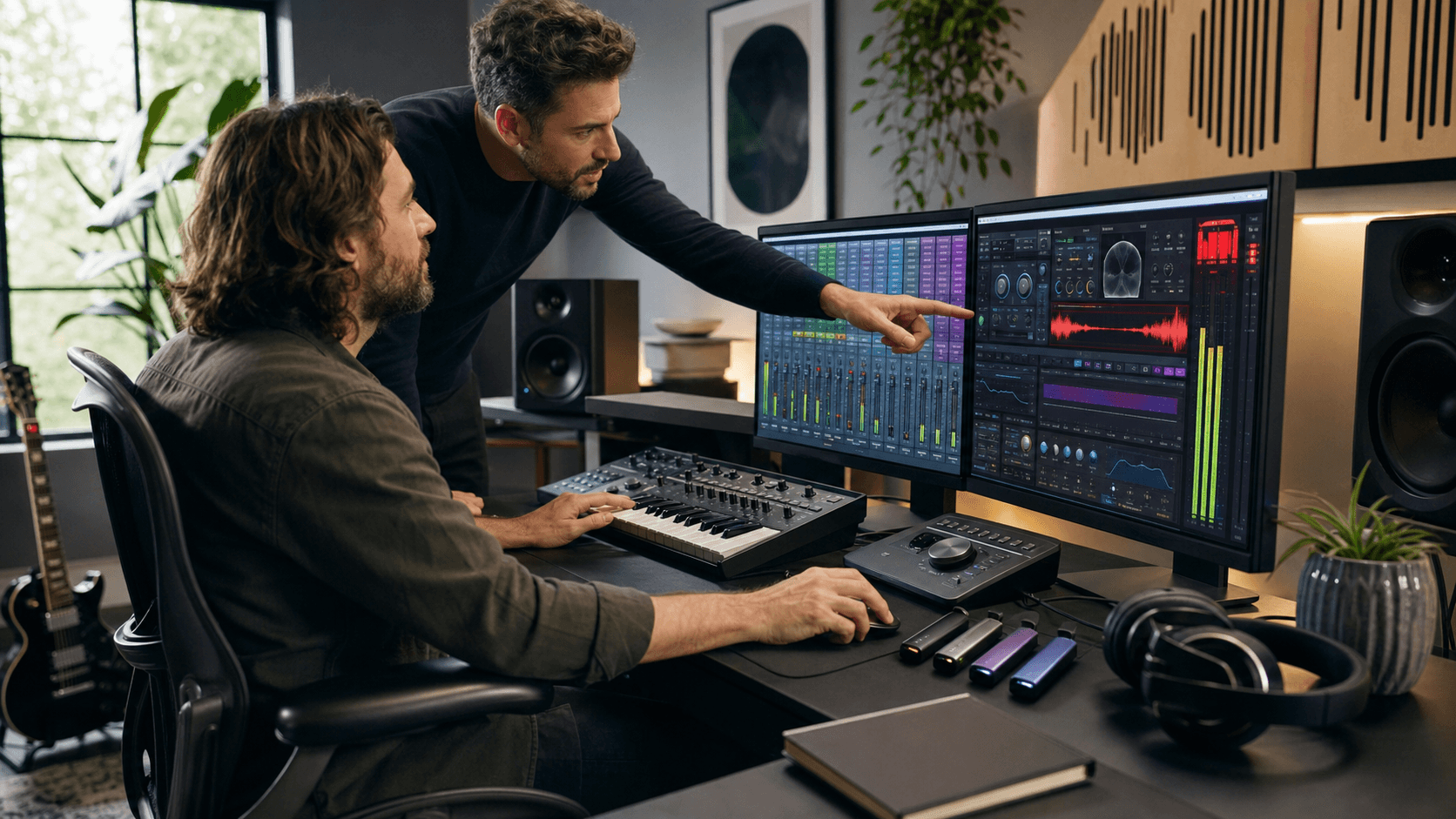 Close-up of a DAW mixer with glowing plugin windows, red clipping meters, and a dark studio background.