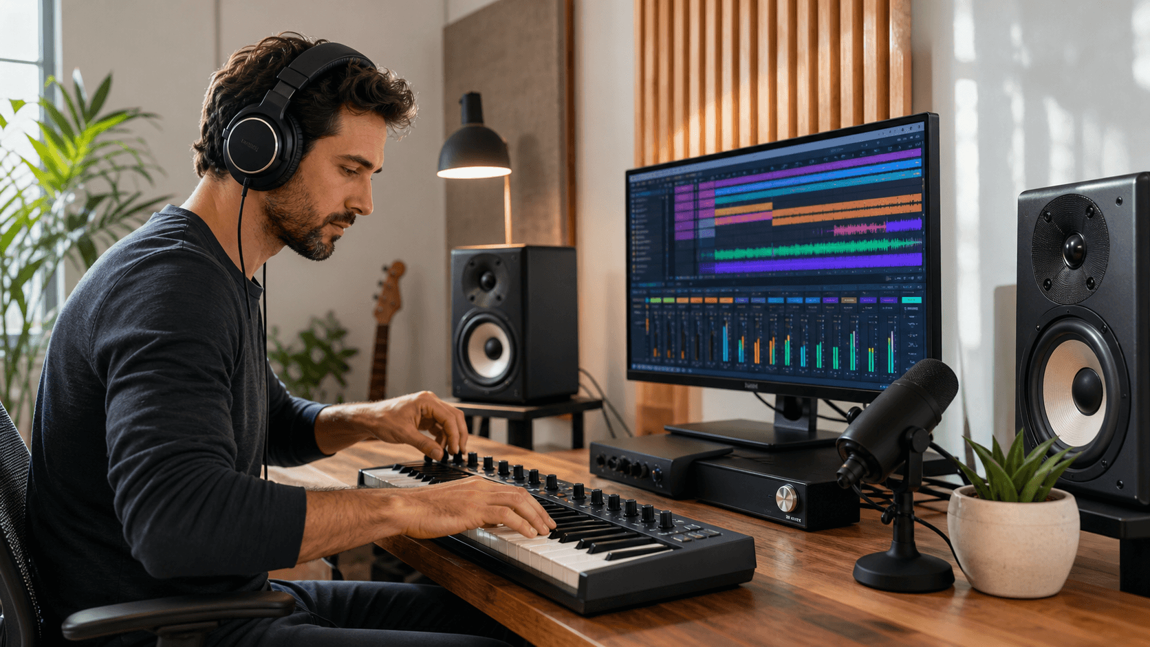 Laptop displaying music production software beside a MIDI keyboard, glowing in blue and purple studio light.
