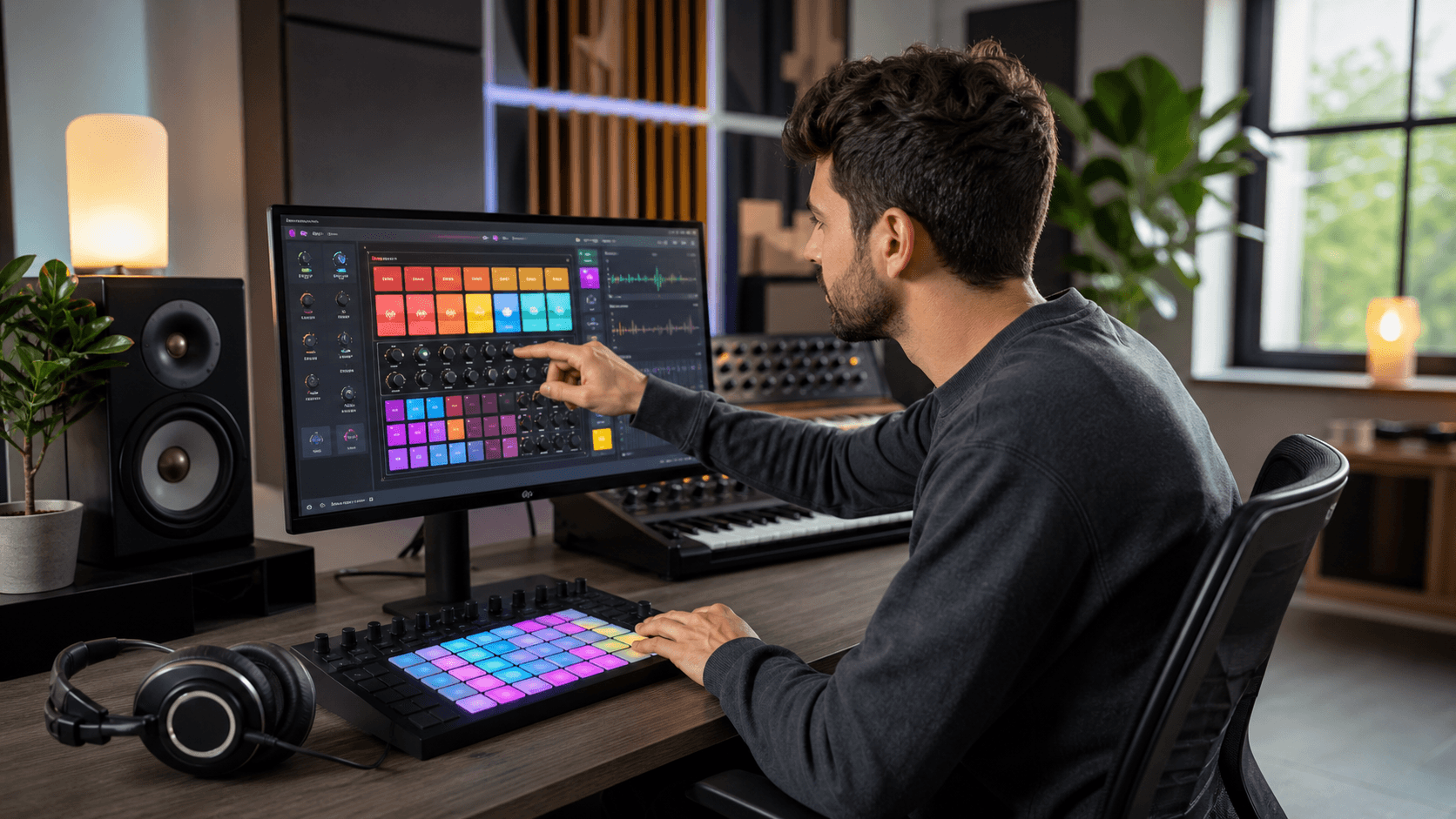 Drum machine interface glowing in neon blue and orange beside studio headphones on a dark desk