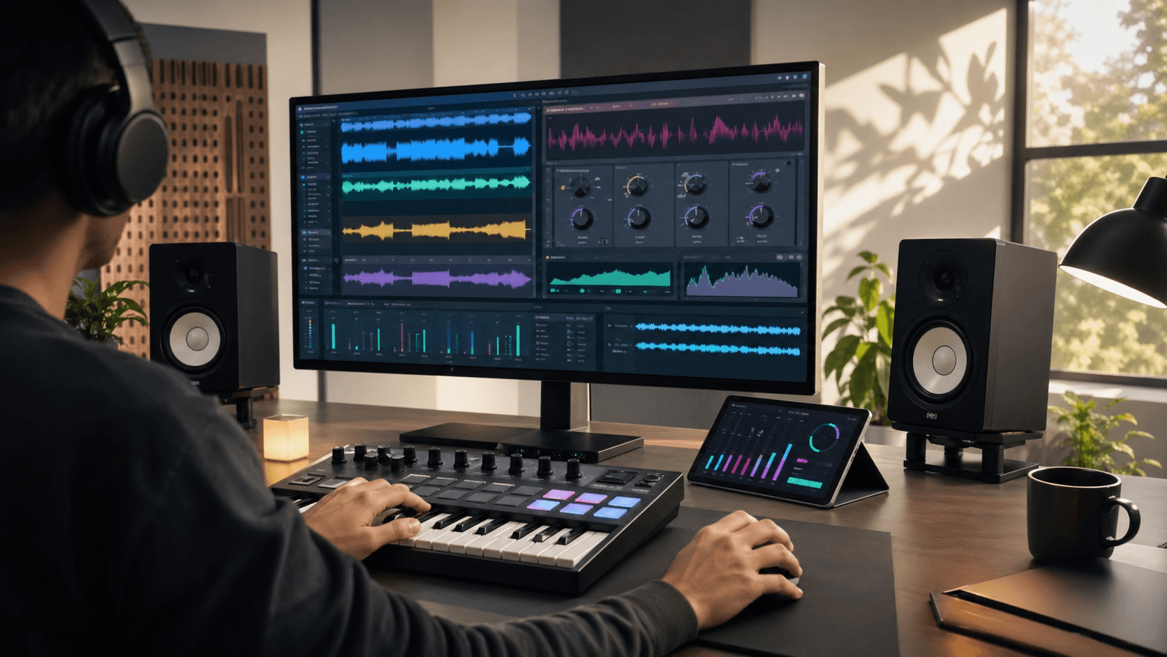 Neon-lit music studio scene with headphones on a mixing console and colorful soundwave graphics on a dark backdrop