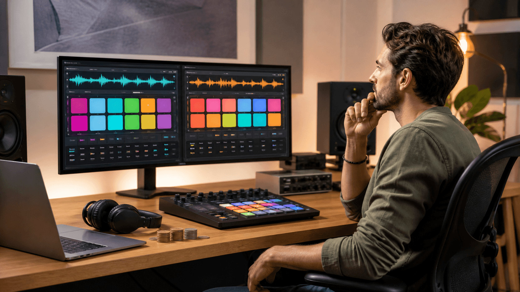 A compact drum machine plugin interface glows blue and orange beside headphones on a dark studio desk.