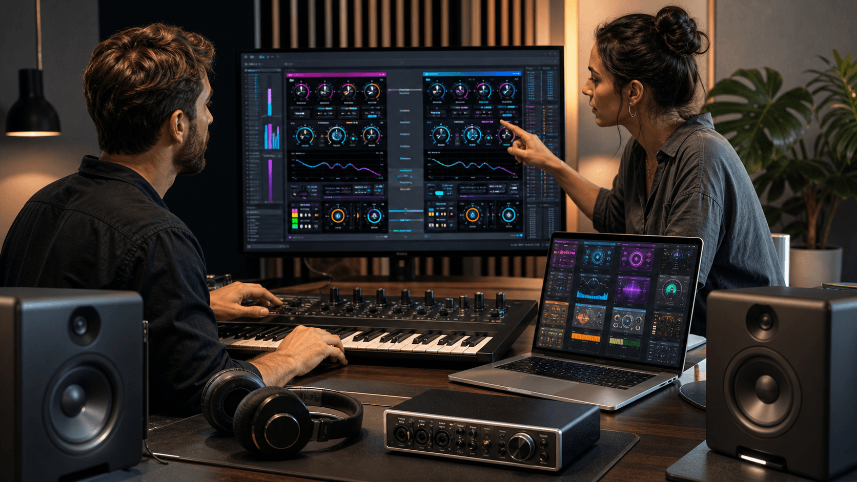 Dark DAW interface on a monitor with colorful plugin panels and glowing waveform tracks in a dim studio