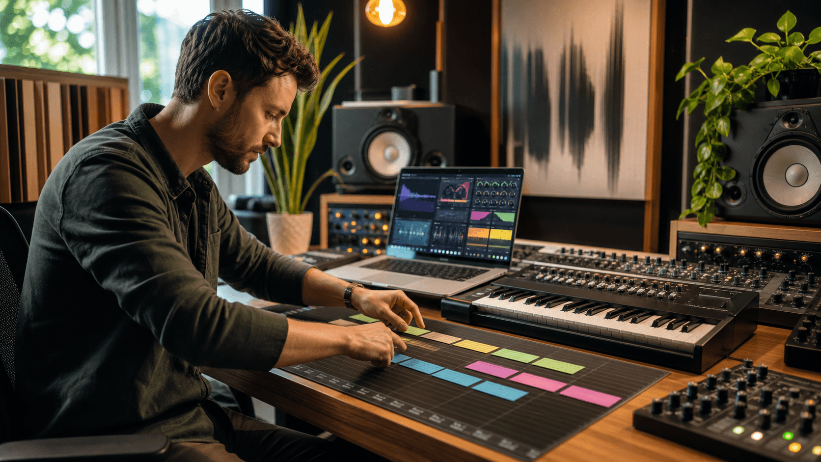 Colorful audio plugin panels arranged along a horizontal song timeline on a dark studio-style background.