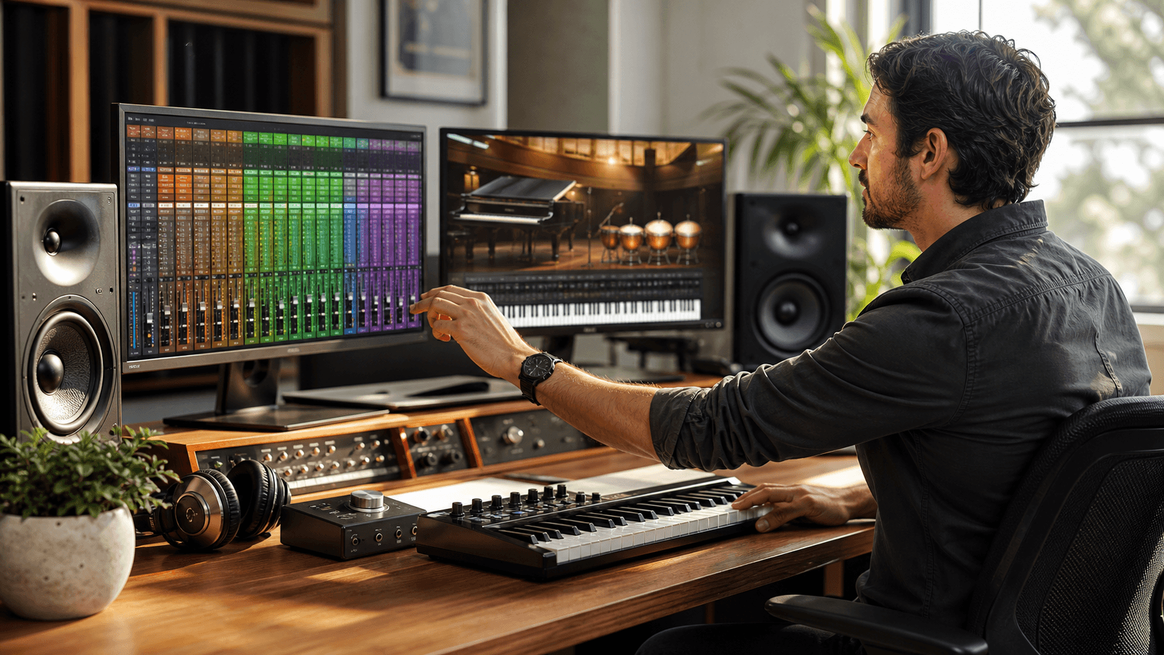 Laptop music production screen with colorful plugin windows and a MIDI keyboard in a dark studio.