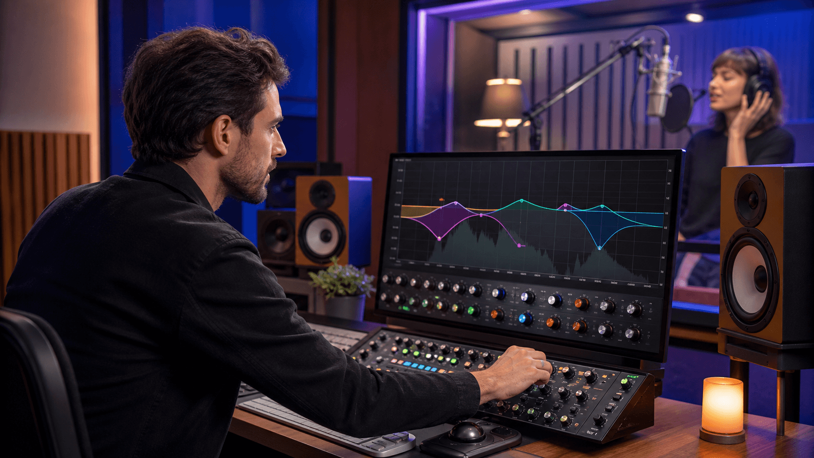 Studio monitor, vocal waveform, and EQ curves glowing blue and orange against a dark mixing console.