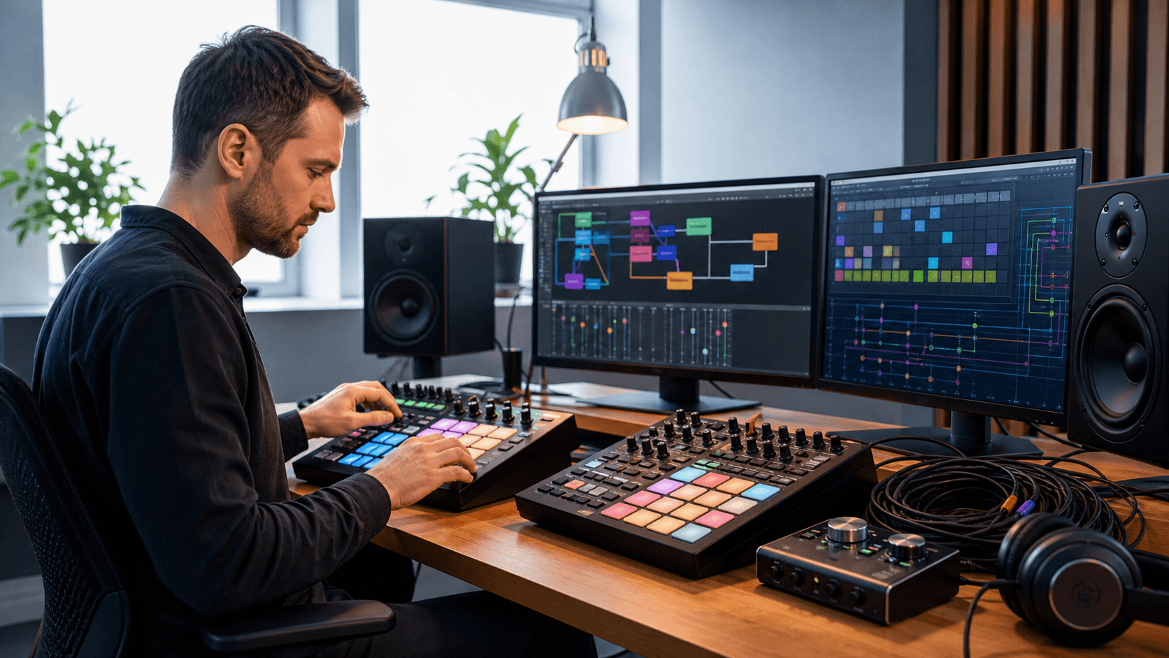 Dark digital drum pad interface with glowing MIDI routes, knobs, and waveform displays on a black background.