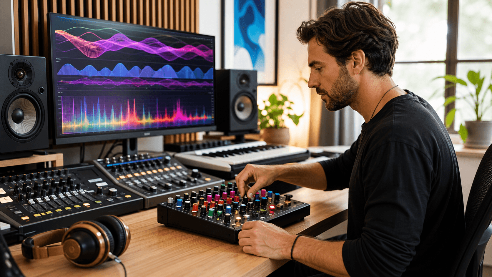 Colorful audio plugin interfaces float over a glowing mixing console in a dark studio.